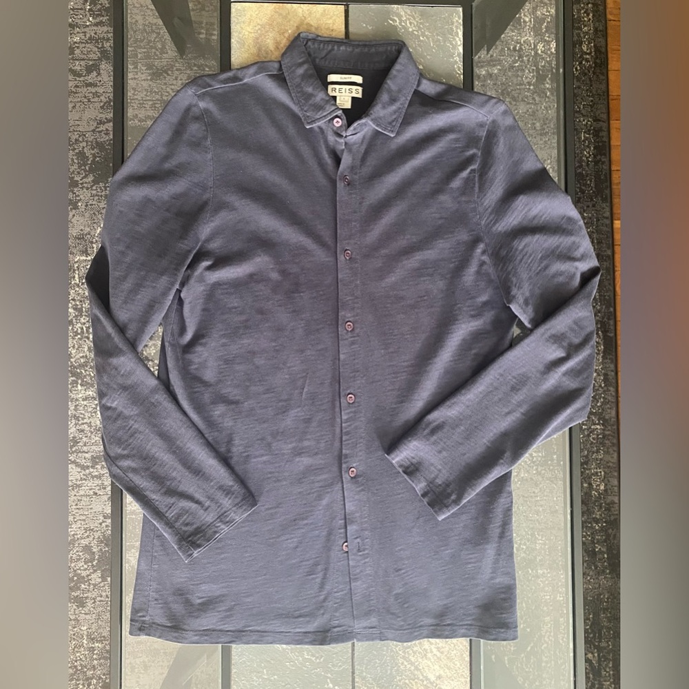 Reiss Cotton Shirt Stretch Terry Fabric Blue Large Slim Fit